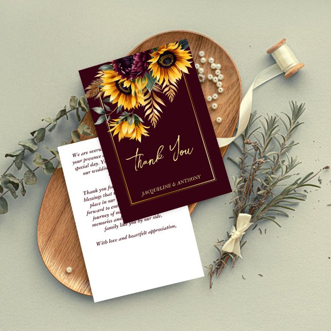 Herbstsommerburgund Sonnenblumen Hochzeit Dankeskarte (Fall summer burgundy sunflowers wedding thank you card rustic boho wedding thank you cards)