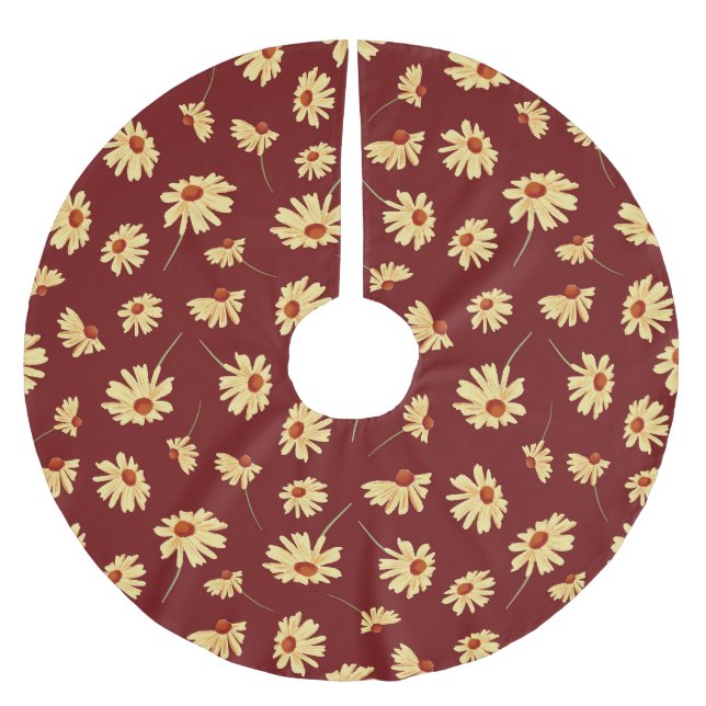 Herbstsonnenblume: Maroon Nahtloses Design Polyester Weihnachtsbaumdecke (Vorderseite)