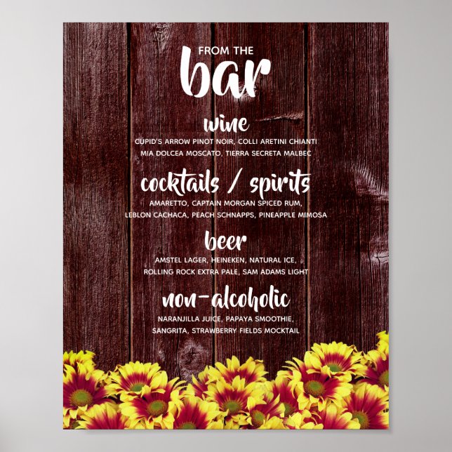 Herbstsonnenblumen auf Holzzaun Hochzeitsgetränke Poster (Vorne)