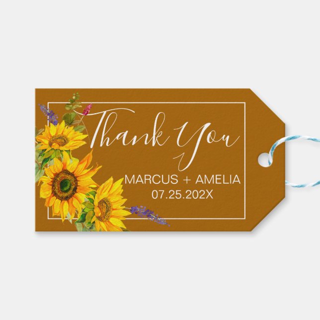Herbstsonnenblumen Hochzeitsmarken Geschenkanhänger (Vorderseite (Horizontal))