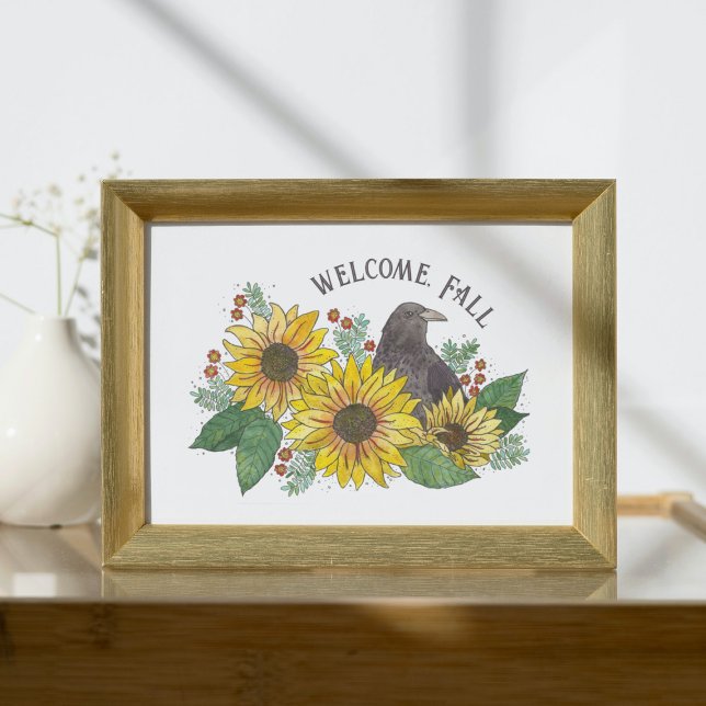 Herbstsonnenblumen und -würfel zum Herunterladen Poster (Welcome Fall Crow and Sunflowers Tabletop Print)