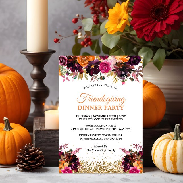 Herbstsonntag Glitzer Blorgolden Einladung (Fall Autumn Floral Gold Glitter Friendsgiving Invitation
)
