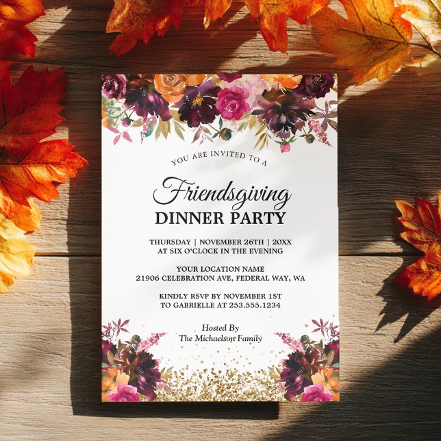 Herbstsonntag Glitzer Blorgolden Einladung (Fall Autumn Floral Gold Glitter Friendsgiving Invitation)