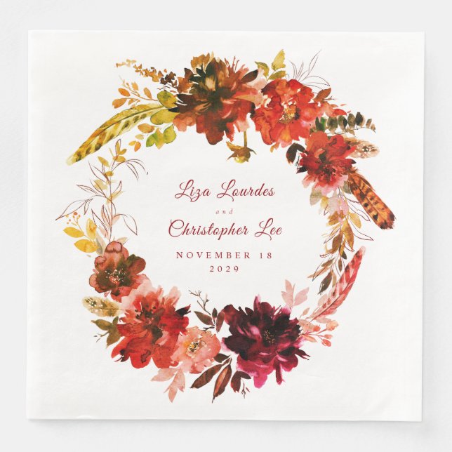 Herbstsplendor Fall Blumenreath Weiße Hochzeit Serviette (Vorderseite)