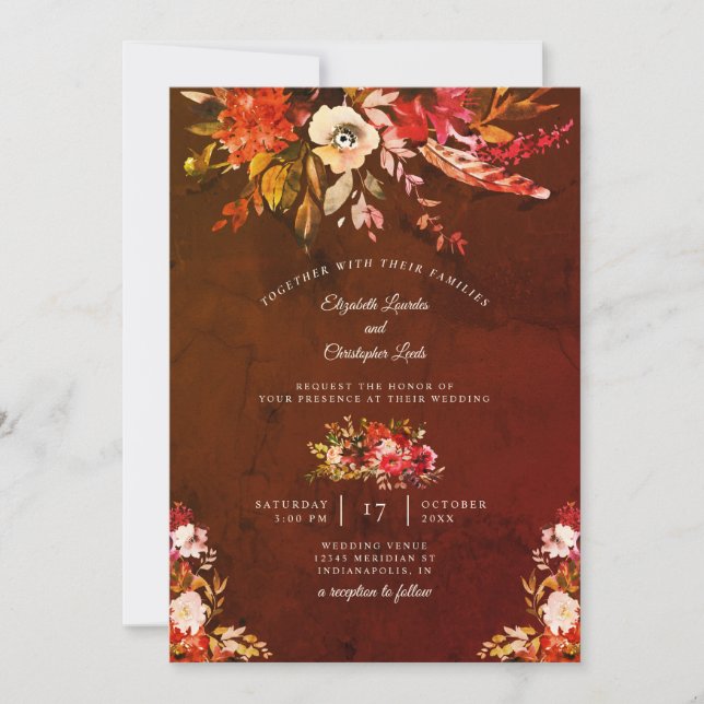 Herbstssplendor florale Marbled Brown Wedding Einladung (Vorderseite)