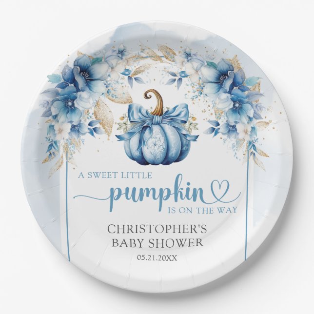 Herbststaub in Blau- und Goldkürbis-Blume Pappteller (Vorderseite)