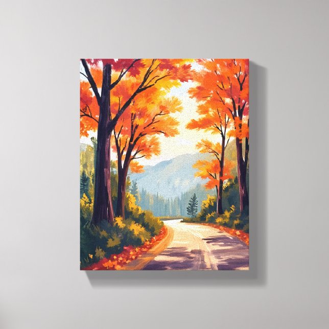 Herbststraße | Wasserfarben Herbstlaub Blätter Leinwanddruck (Vorderseite)