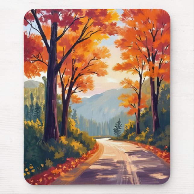 Herbststraße | Wasserfarben Herbstlaub Blätter Mousepad (Vorne)