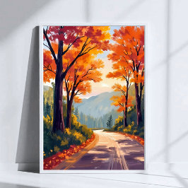 Herbststraße | Wasserfarben Herbstlaub Blätter Poster