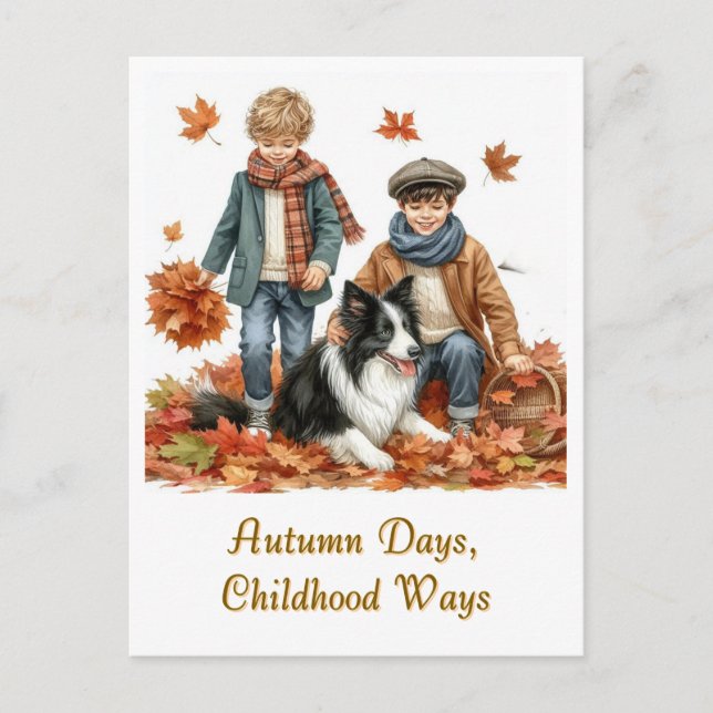Herbsttage Kinder und Grenzkollie Postkarte (Vorderseite)