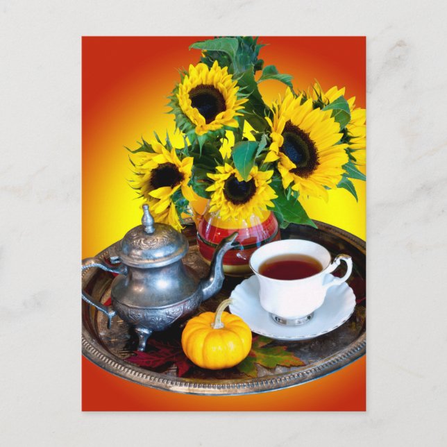 Herbsttee-Service mit Sonnenblumen Postkarte (Vorderseite)