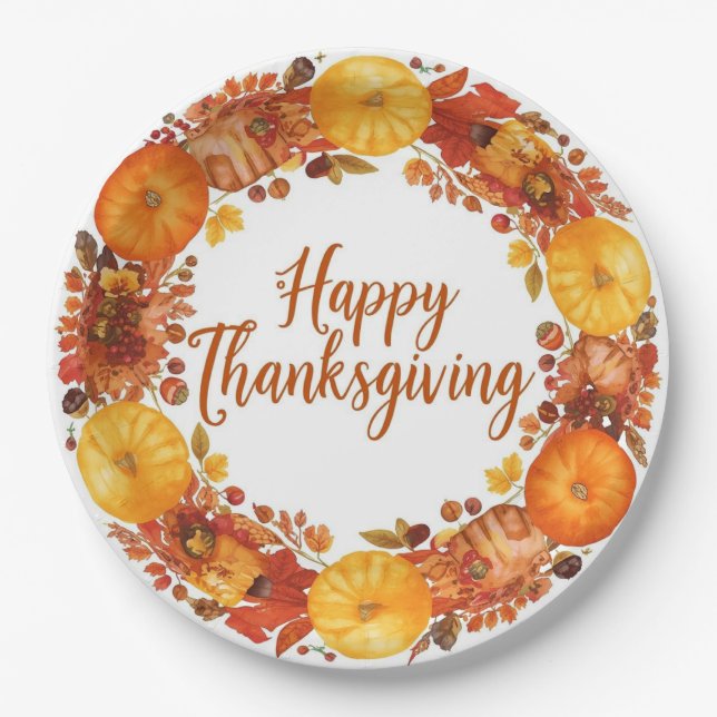 Herbstthematischer Erntedank mit Blume Kürbis Pappteller (Vorderseite)