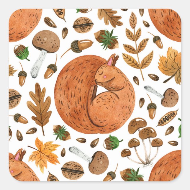 Herbstträume: Das Eichhörnchen im Wasser Quadratischer Aufkleber (Vorderseite)