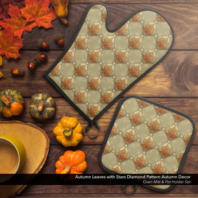 Herbstunterschiede mit Sternen Ofenhandschuh & Topflappen-Set (Autumn Leaves with Stars Diamond Pattern Fall Kitchen Accessories: Oven Mitt & Pot Holder Set)