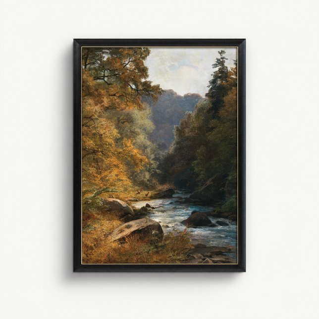 Herbstwald Bach Hirsch Landschaftsposter Poster (Autumn Forest Stream Deer Poster - close-up view (frame/decor not included)
)