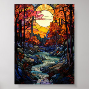 Herbstwald-Buntglas mit Bergbach Poster