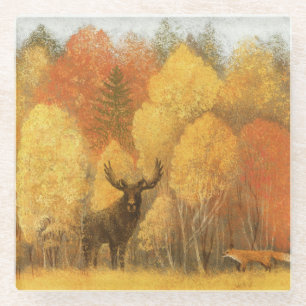 Herbstwald, digitales Reh und Fuchs. Glasuntersetzer