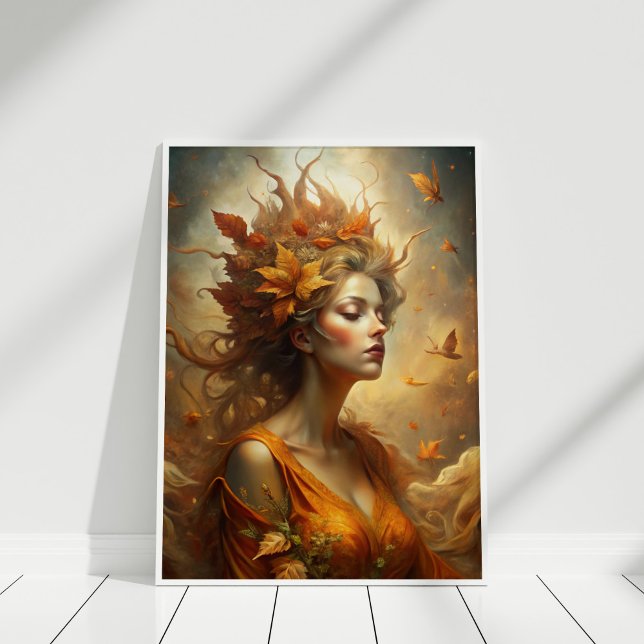 Herbstwald Faia - Mystischer Fall Mauer Kunst Poster (Autumn Forest Fairy – Mystical Fall Wall Art in a white wooden frame)