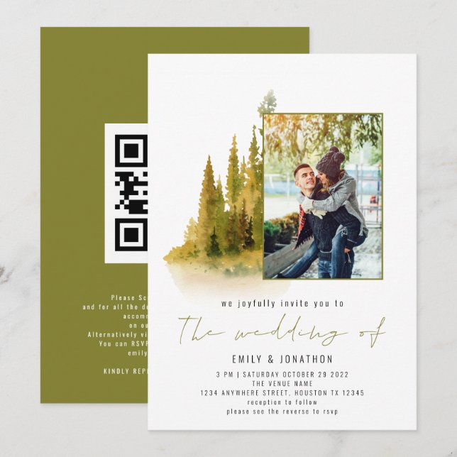 Herbstwald Foto QR Kodex Olivenöl Grüne Hochzeit Einladung (Vorne/Hinten)