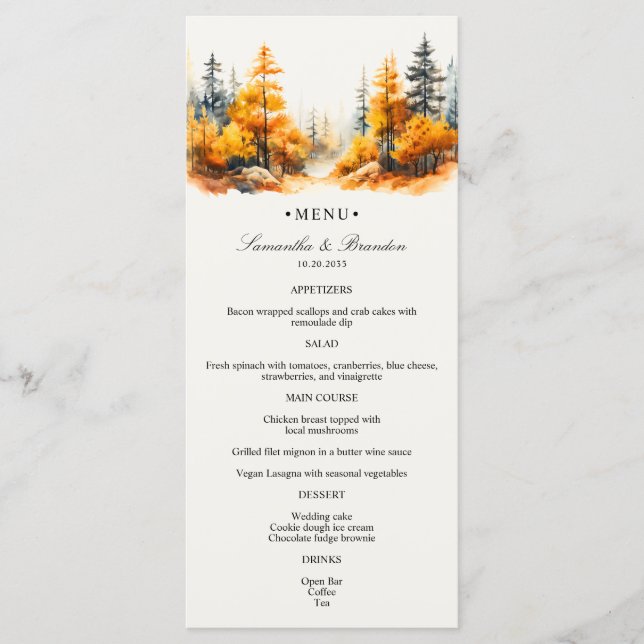 Herbstwald, Herbstwoodland Hochzeitsmenü Menükarte (Vorderseite)