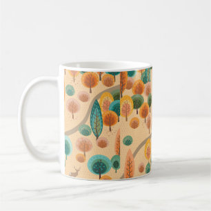 Herbstwald mit abstrakten flachen handgezeichneten kaffeetasse
