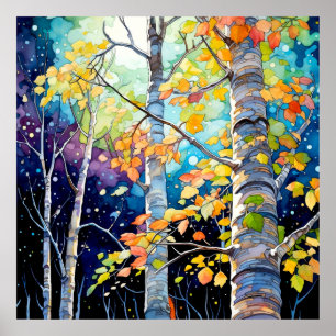 Herbstwald-Nachtmalerei Poster