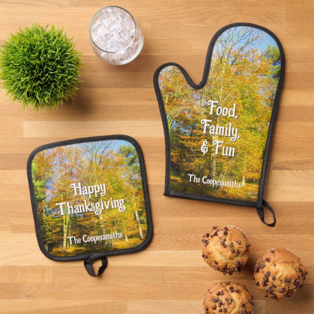Herbstwald & Sonnenschein - Personalisiert Ofenhandschuh & Topflappen-Set (Oben Unten)