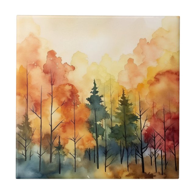 Herbstwald Wasserfarben-Glanz (2) Fliese (Vorderseite)