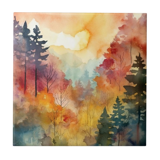 Herbstwald Wasserfarben-Glanz Fliese (Vorderseite)
