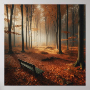 Herbstwaldbank Wanddruck, goldener Blätter Nebel Poster