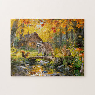 Herbstwaldhütte mit Waldtieren und Pilzen