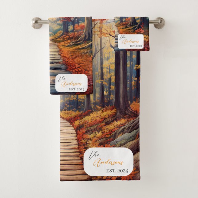 Herbstwaldpfad mit Name und Jahr Badhandtuch Set (Insitu)