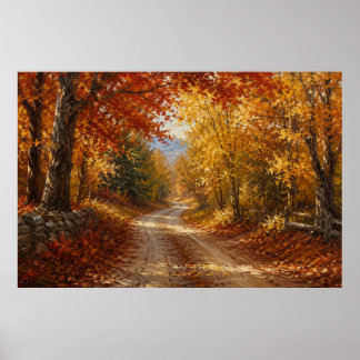 Herbstwaldstraßen-Ölgemälde Poster