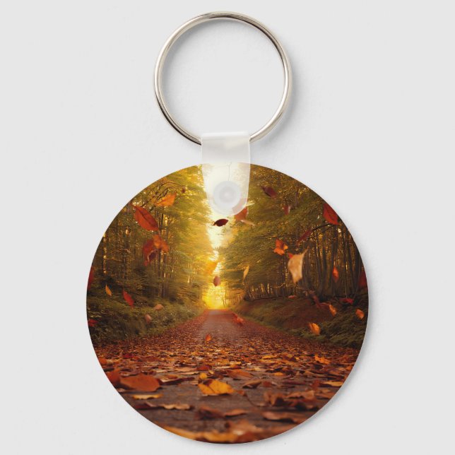 Herbstwaldweg fallende Blätter Schlüsselanhänger (Vorderseite)