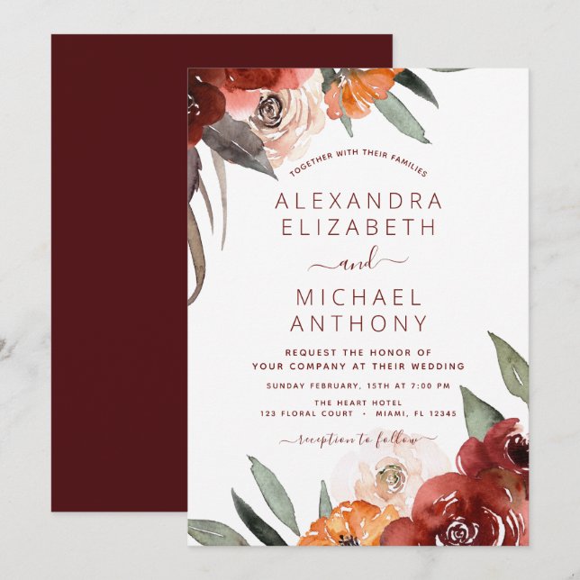 HerbstWedding Burgundy Floral Einladung (Vorne/Hinten)