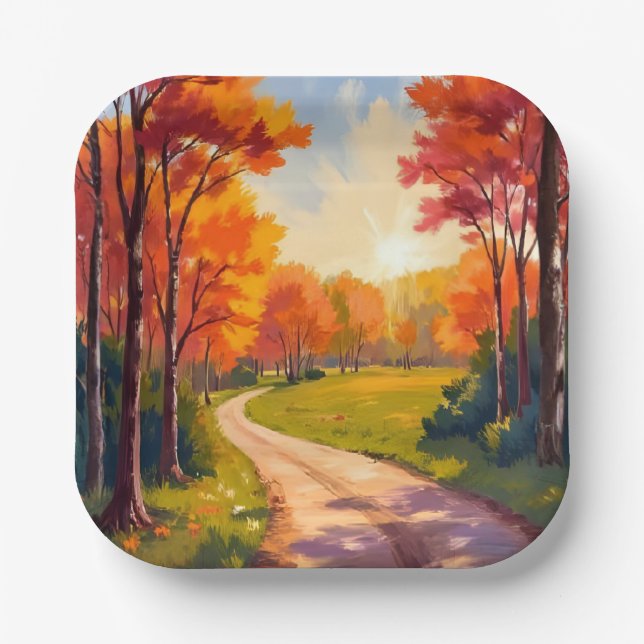Herbstweg | Rotes Laub Natur Landschaft Pappteller (Vorderseite)