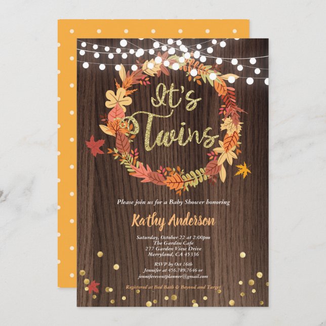 Herbstwinde Babydusche rustikaler Holzkranz Einladung (Vorne/Hinten)