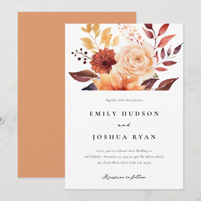 Herbstwoche Floral Boho Hochzeit Einladung (Vorne/Hinten)