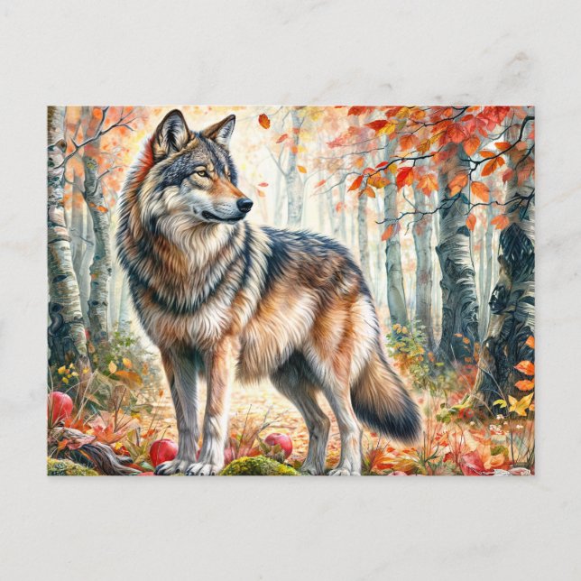 Herbstwolf mit Äpfeln im Herbstwald Postkarte (Vorderseite)