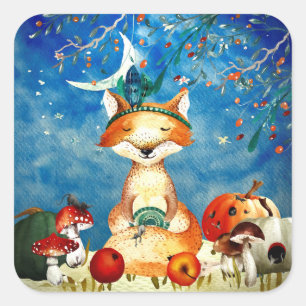 Herbstwoodland Friends Fox Forest Illustration Quadratischer Aufkleber