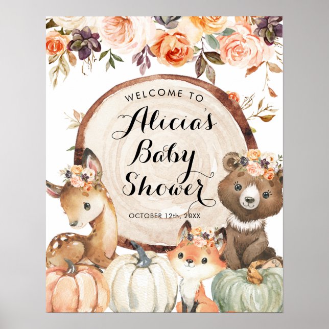 Herbstwoodland Girl Babydusche Begrüßungszeichen Poster (Vorne)