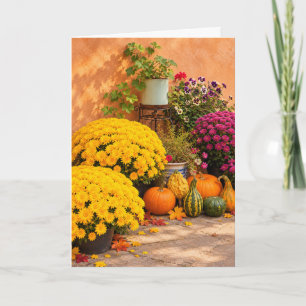 Herbstzauber – Goldene Chrysanthemen & Kürbisse Karte