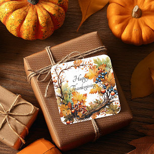 Herbstzweig mit Blättern und Beeren benutzerdefini Quadratischer Aufkleber