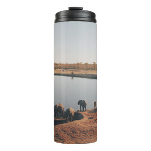 HERD VON ELEPHANEM TRINKWASSER AUS DEM SEE THERMOSBECHER