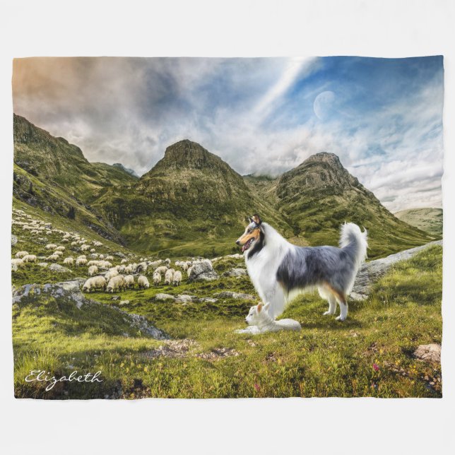 Herde "Blue Merle Collie Sheep" - Personalisiert Fleecedecke (Vorderseite (Horizontal))