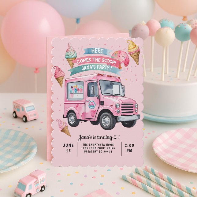 Here Comes the Scoop! Pink Ice Cream Truck  Einladung (Von Creator hochgeladen)