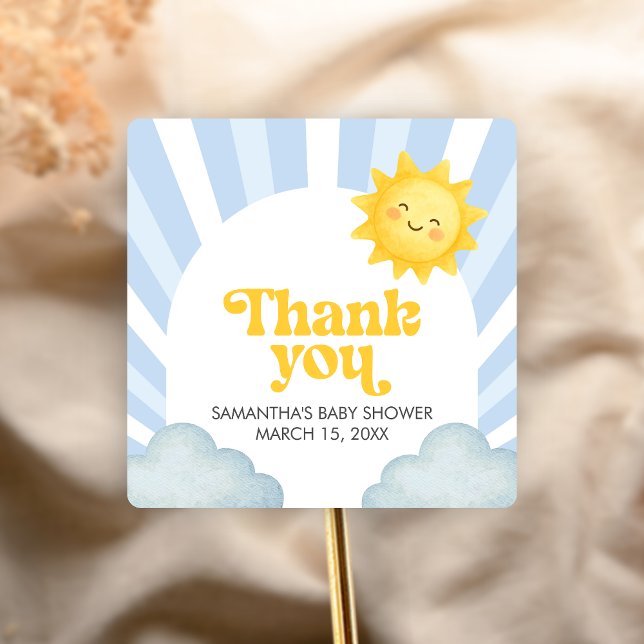 Here Comes the Son Baby Shower Quadratischer Aufkleber (Here Comes the Sun Baby Shower Sticker)