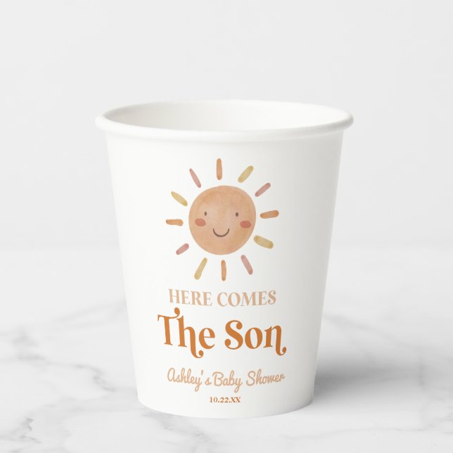 Here Comes The Son Boho Bohemian Retro Baby Shower Pappbecher (Vorderseite)