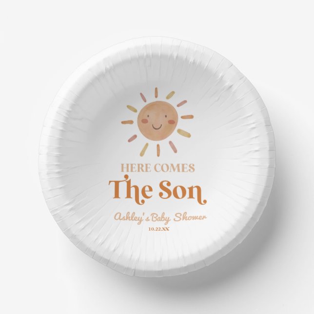 Here Comes The Son Boho Bohemian Retro Baby Shower Pappteller (Vorderseite)