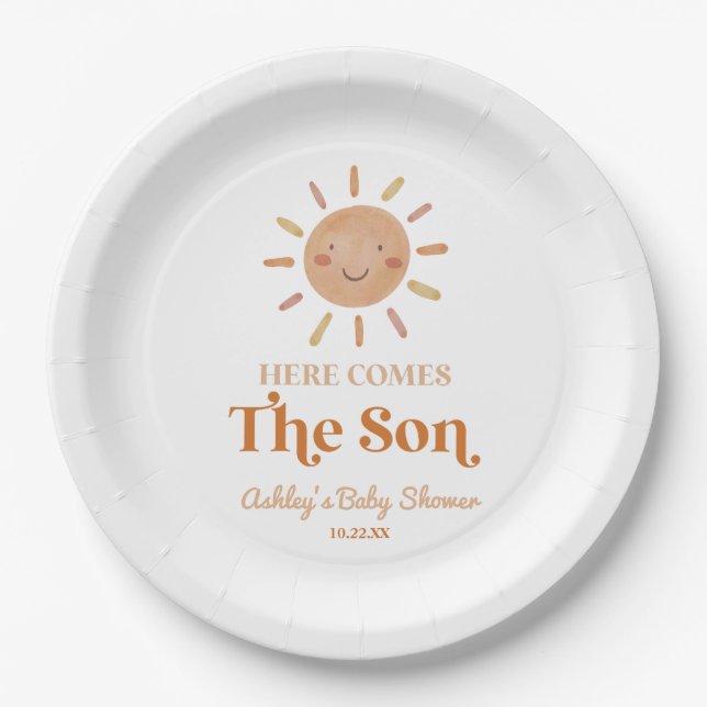 Here Comes The Son Boho Bohemian Retro Baby Shower Pappteller (Vorderseite)